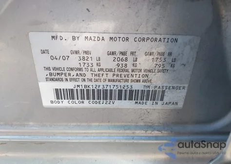 2007 Mazda Mazda3 I Sport z USA, uszkodzony, nr VIN JM1BK12F371751253